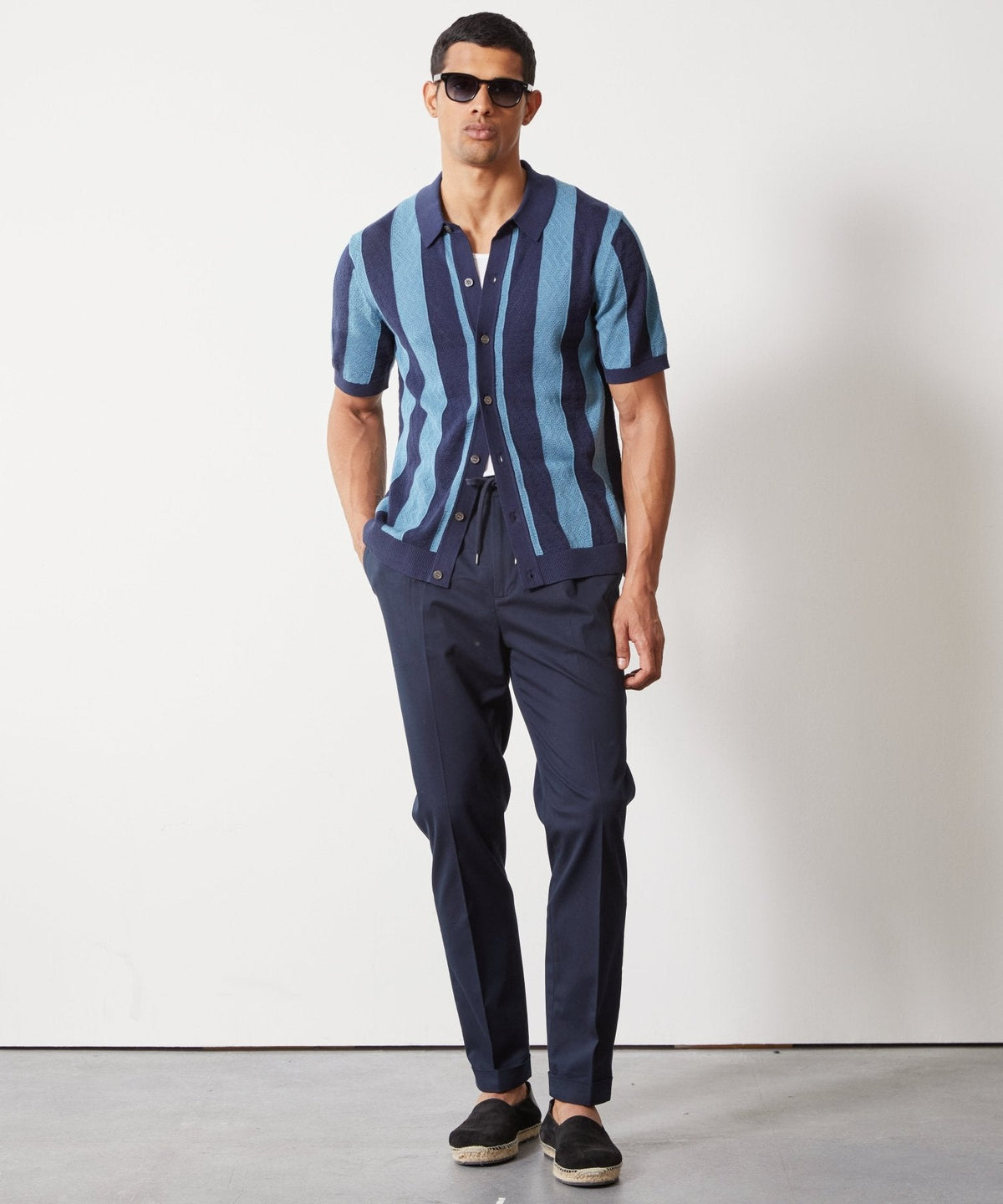 Todd Snyder Silk-Cotton Striped Full-Placket Sweater Polo - Sail Blue