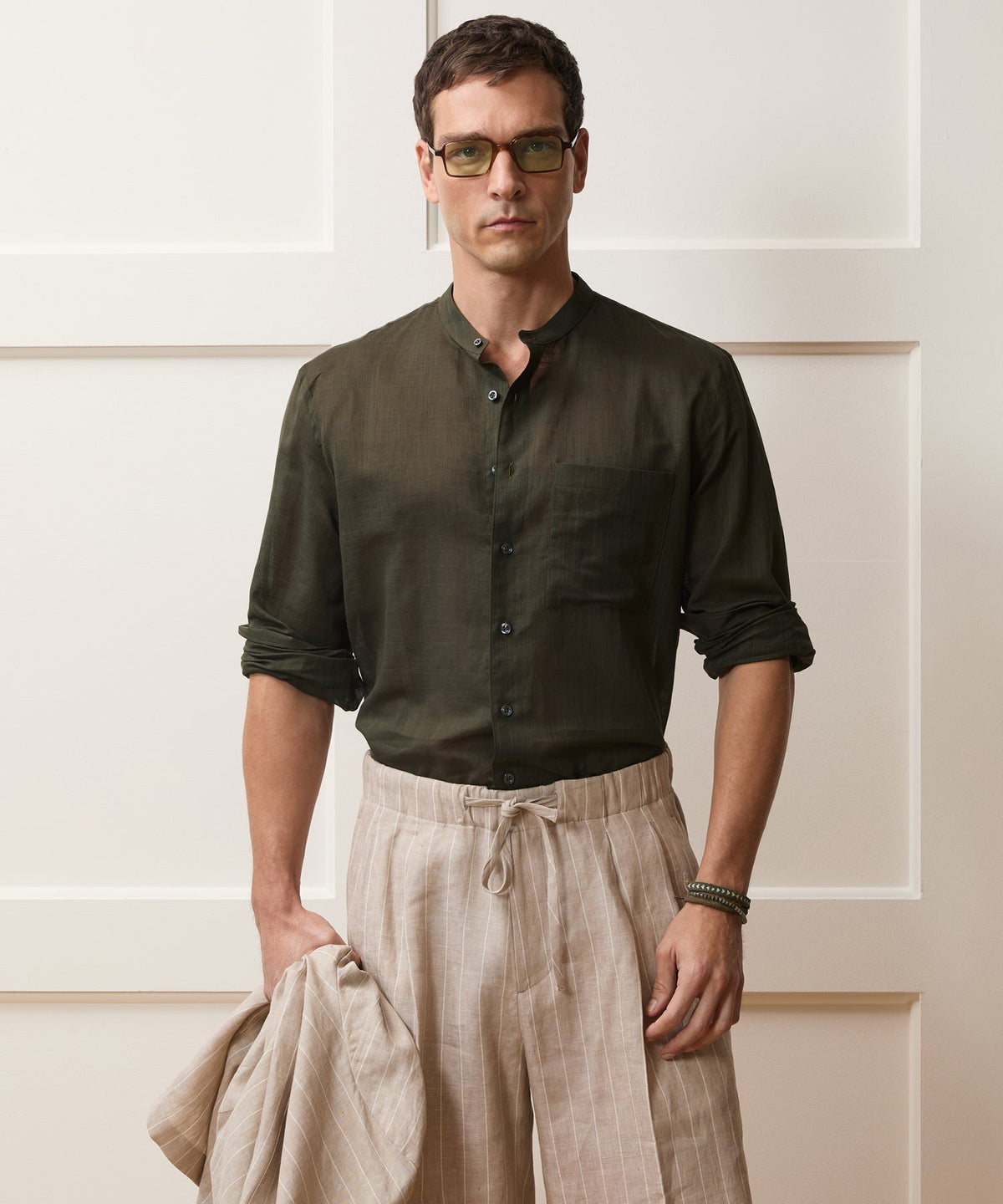 Todd Snyder Voile Band Collar Big Shirt - Olive