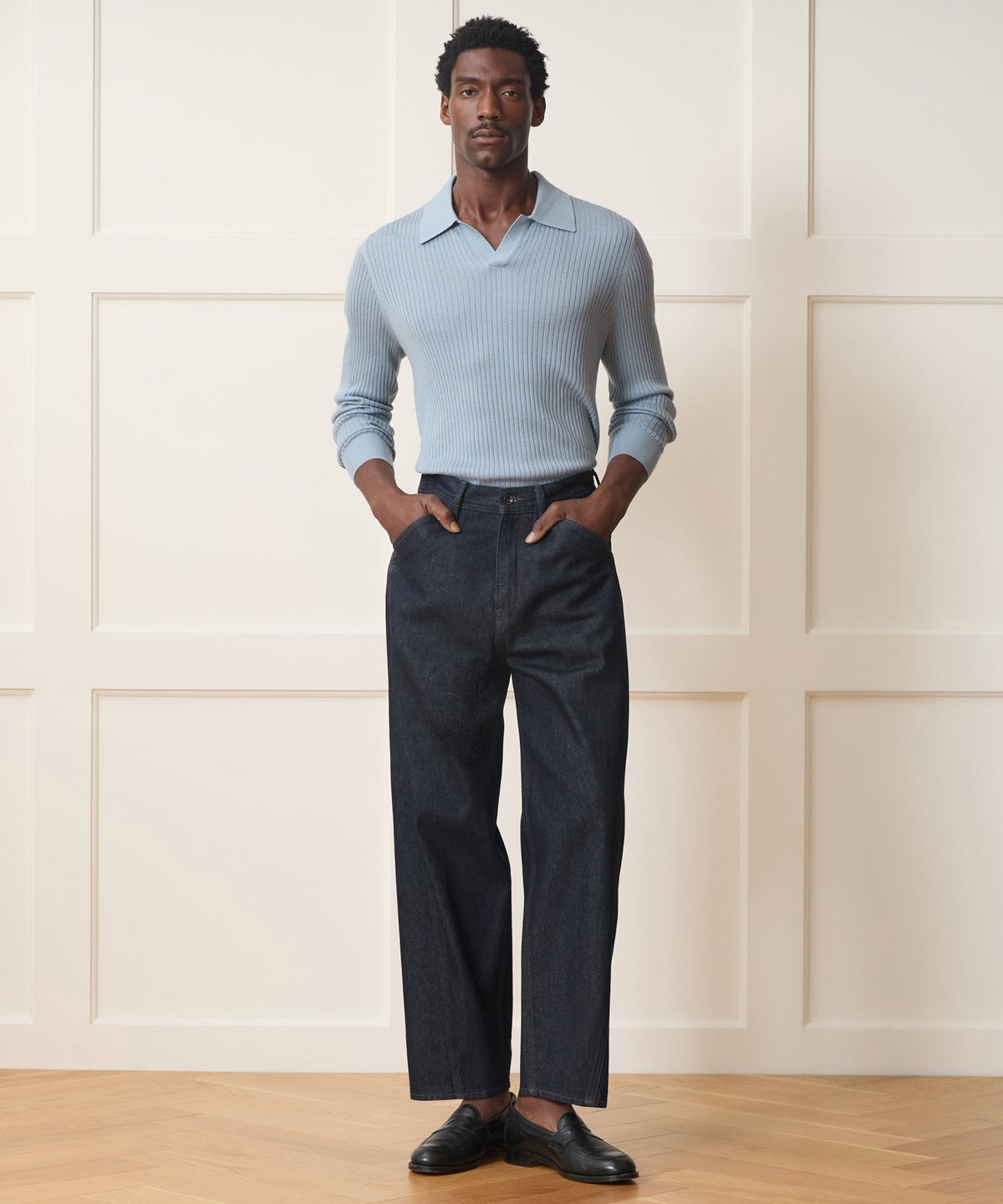 Todd Snyder Silk-Cashmere Ribbed Montauk Sweater Polo - Dusty Blue