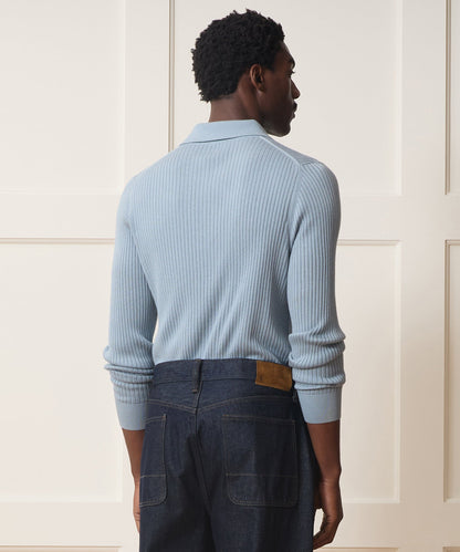 Todd Snyder Silk-Cashmere Ribbed Montauk Sweater Polo - Dusty Blue
