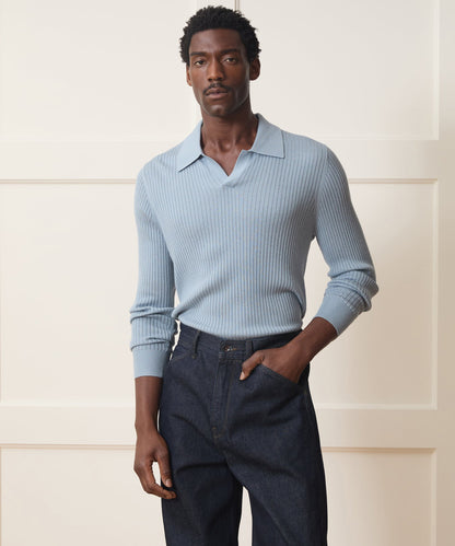 Todd Snyder Silk-Cashmere Ribbed Montauk Sweater Polo - Dusty Blue