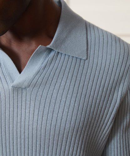 Todd Snyder Silk-Cashmere Ribbed Montauk Sweater Polo - Dusty Blue