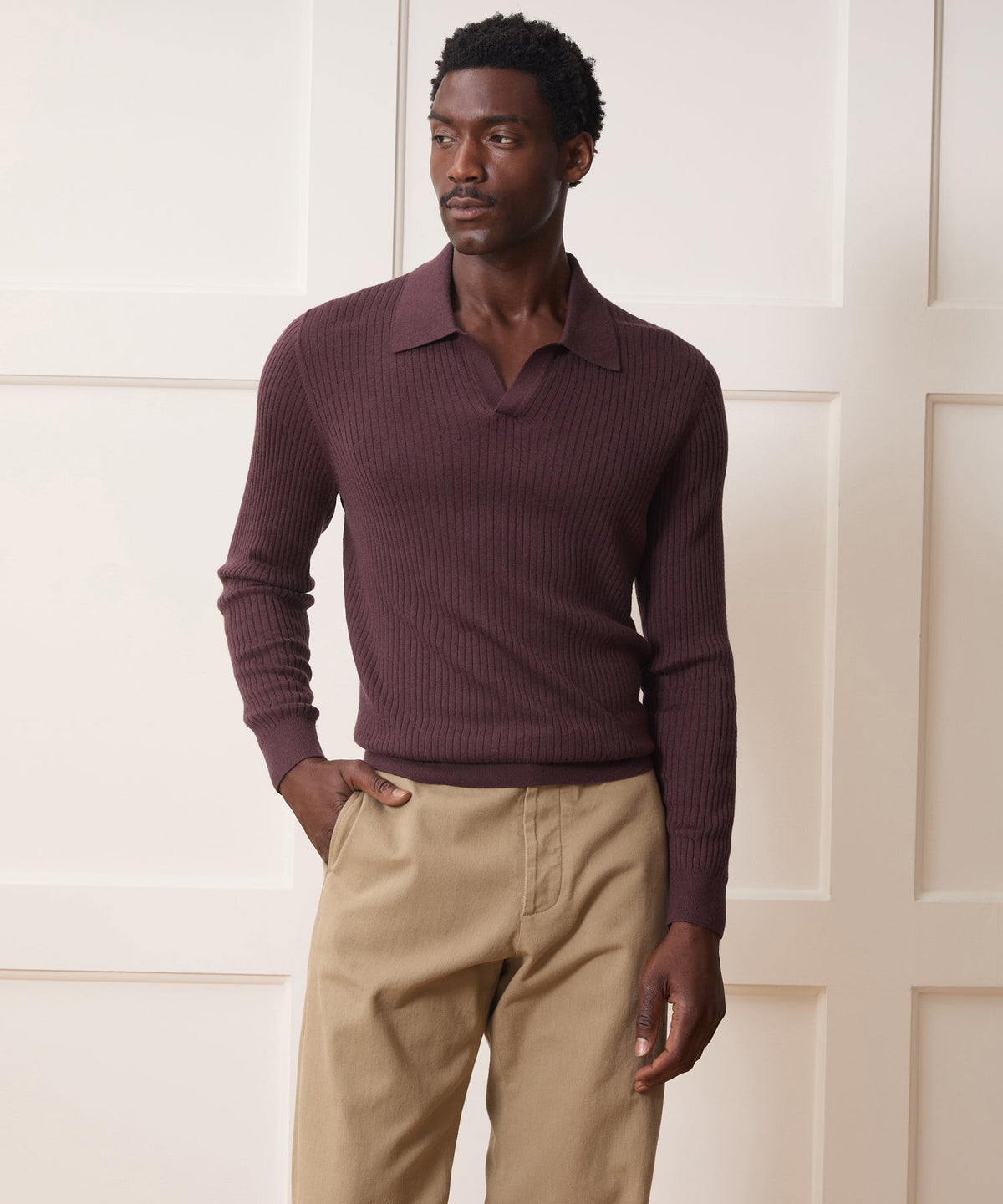 Todd Snyder Silk-Cashmere Ribbed Montauk Sweater Polo - Raisin