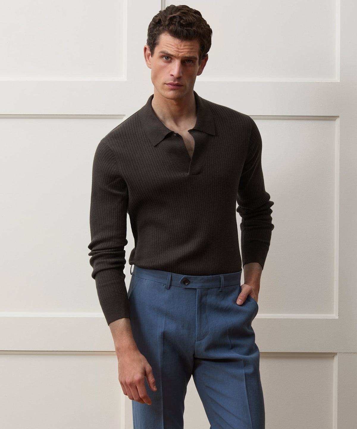 Todd Snyder Ribbed Cotton-Cashmere Sweater Polo - Caviar