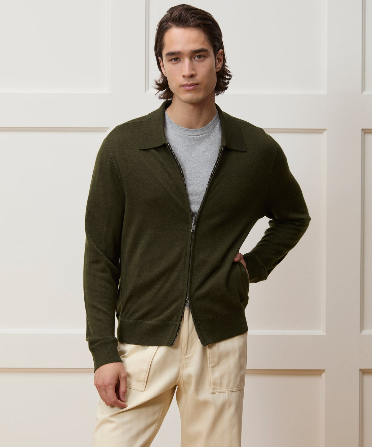 Todd Snyder Merino Full-Zip Sweater Polo - Snyder Olive