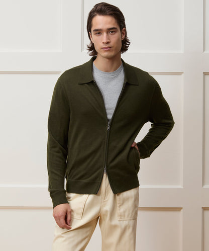 Todd Snyder Merino Full-Zip Sweater Polo - Snyder Olive