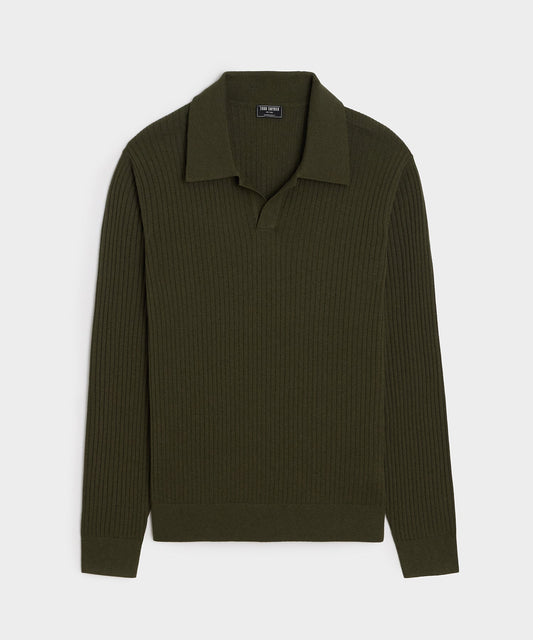 Todd Snyder Silk-Cashmere Ribbed Montauk Sweater Polo - Evergreen