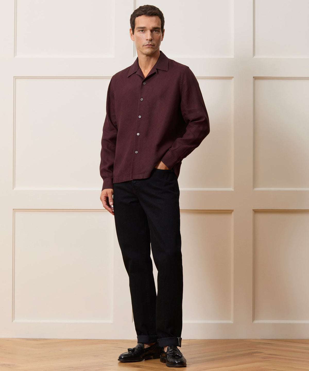 Todd Snyder Cropped Sea Soft Irish Linen Camp Collar Shirt - Blackberry