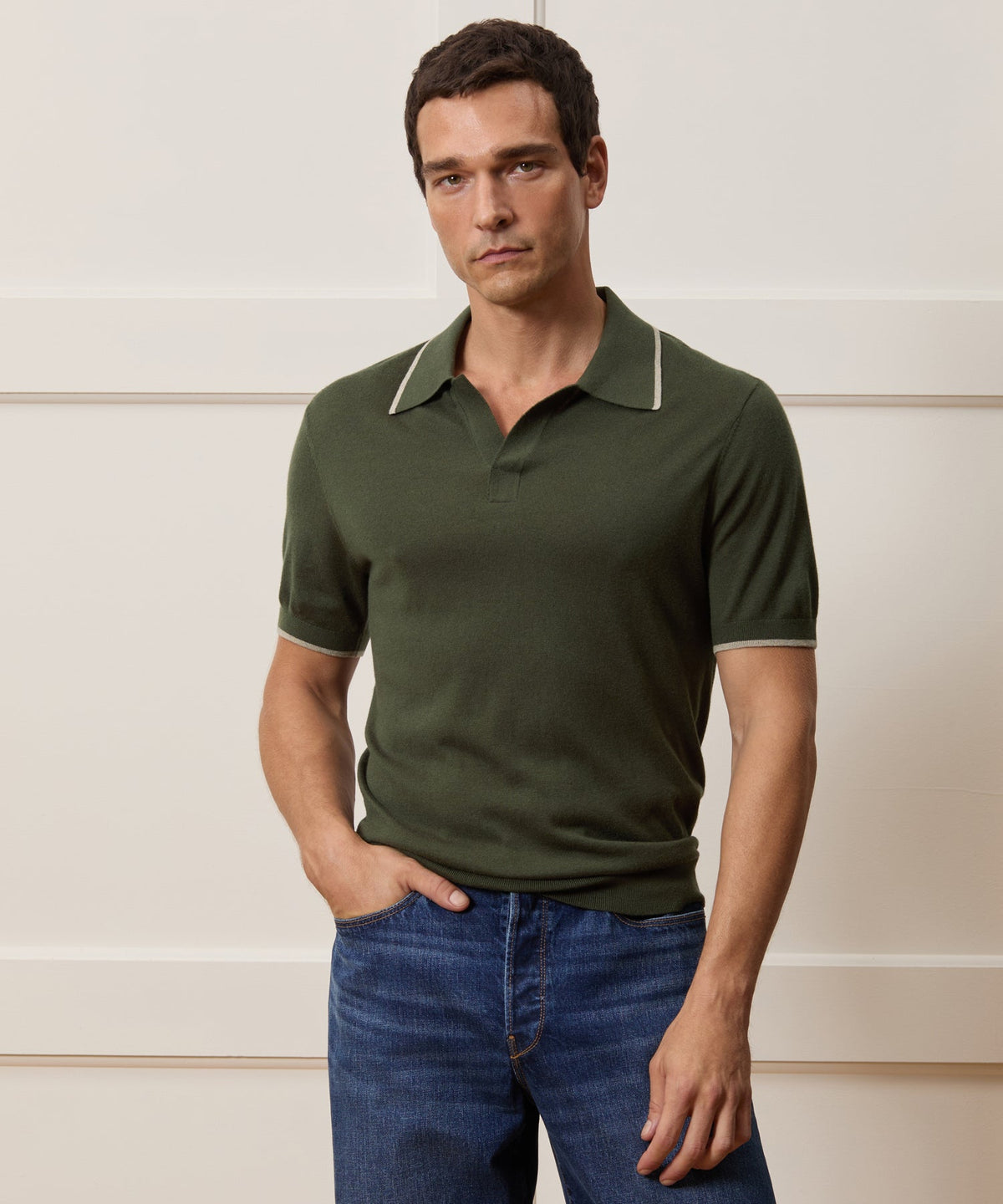 Todd Snyder Silk-Cashmere Tipped Montauk Sweater Polo - Evergreen