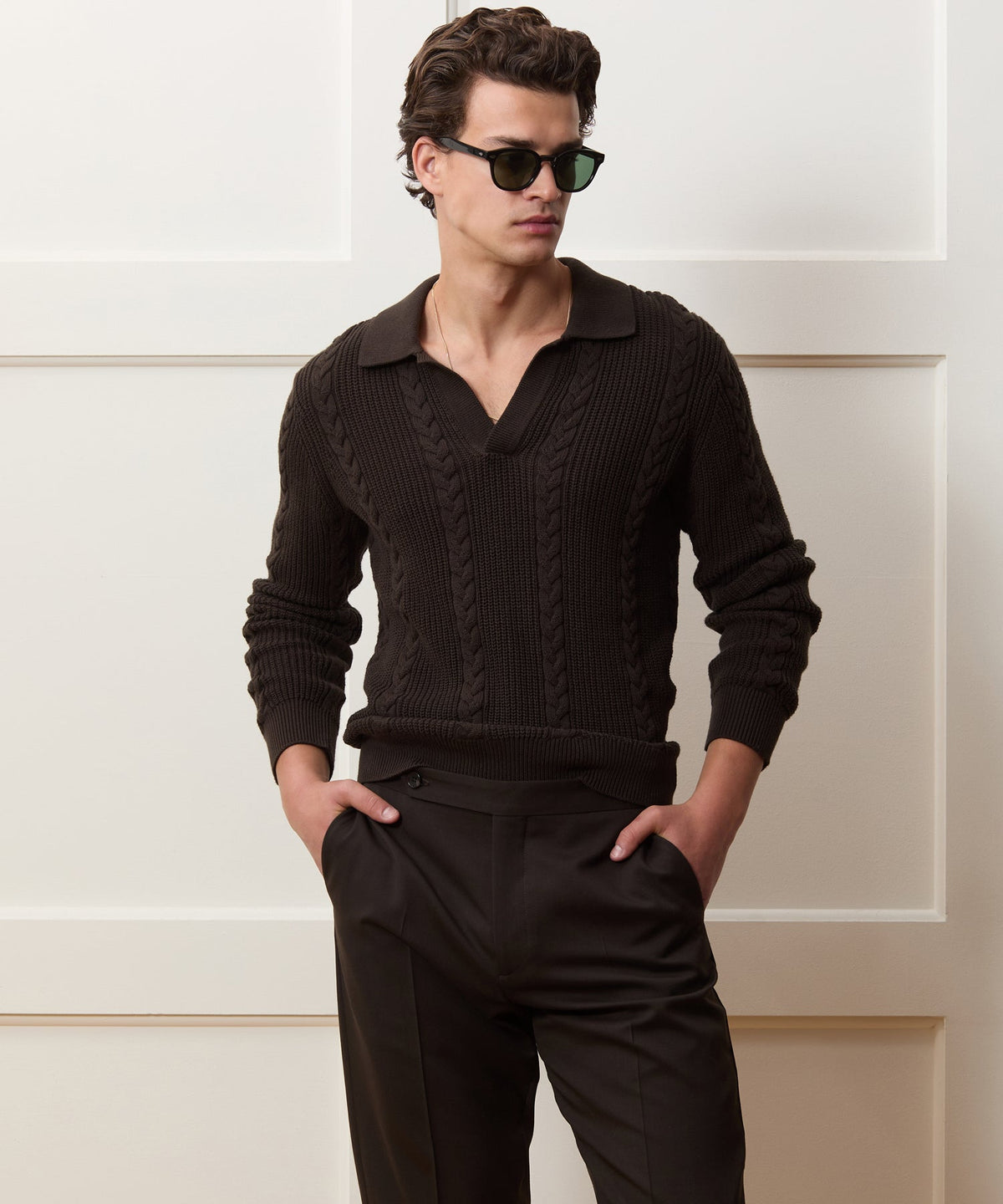 Todd Snyder Beechwood Cable Knit Sweater Polo - Caviar