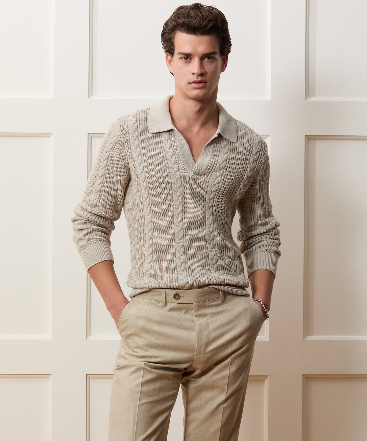 Todd Snyder Beechwood Cable Knit Sweater Polo - Stone