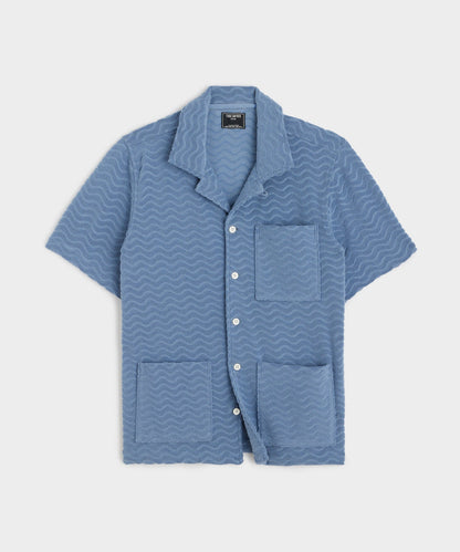 Todd Snyder Wave Jacquard Terry Guayabera Polo Shirt - Steel Blue