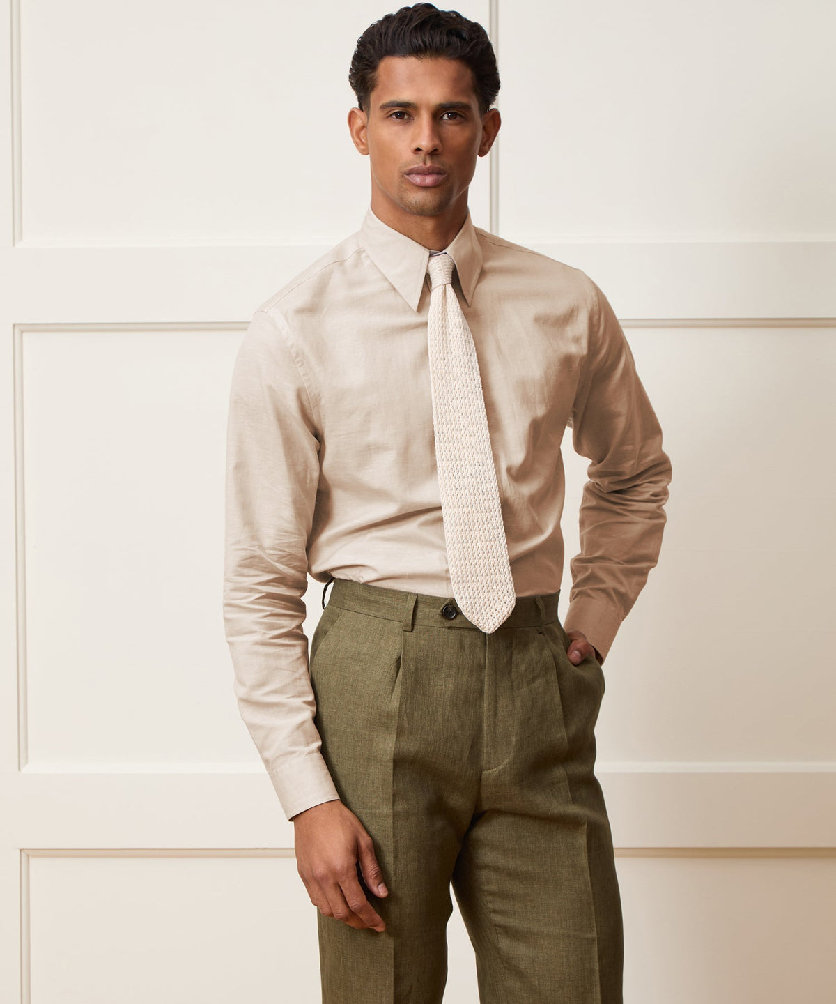 Todd Snyder Italian Cotton-Linen Long Point Collar Dress Shirt - Beige