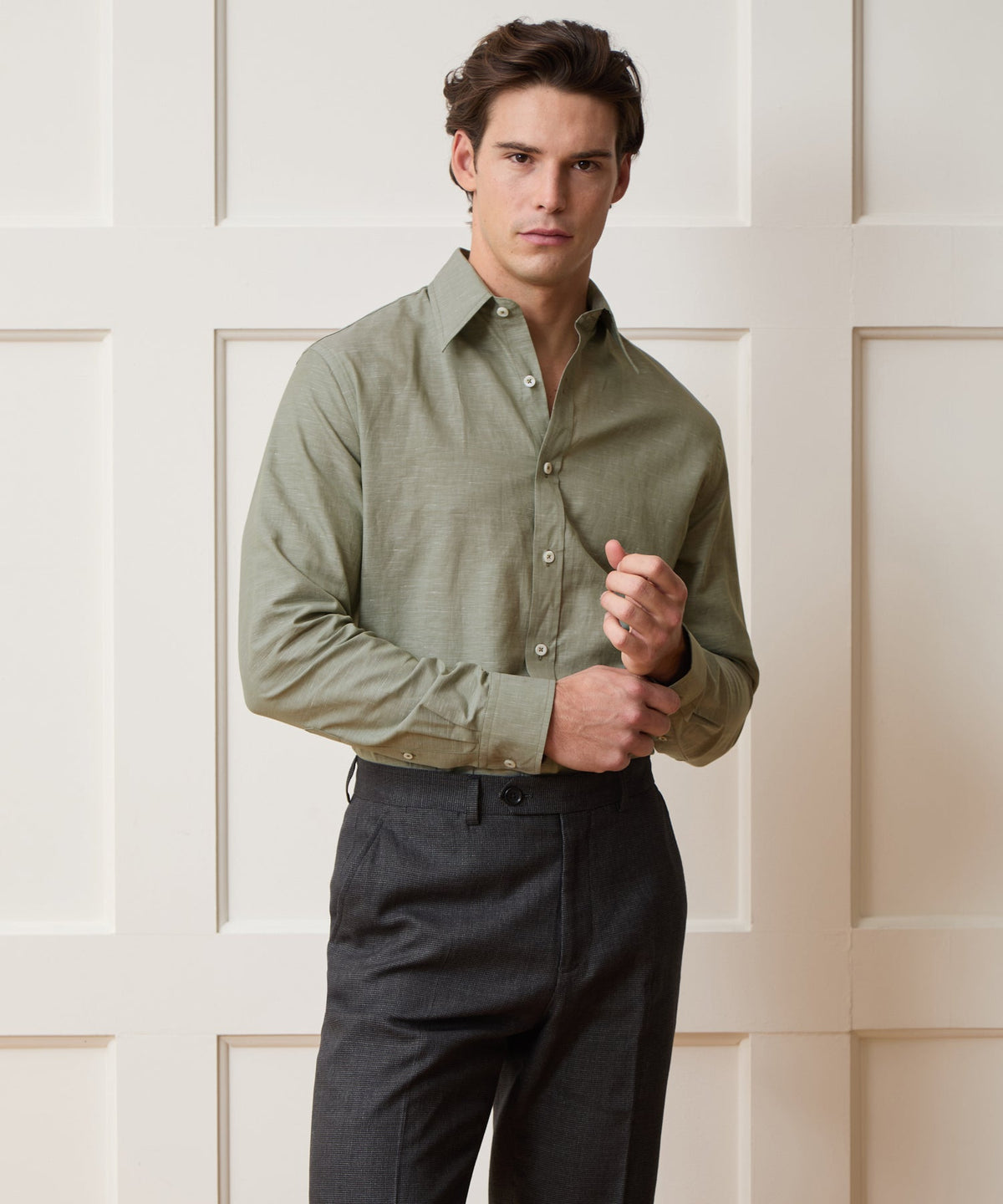 Todd Snyder Italian Cotton-Linen Long Point Collar Dress Shirt - Olive
