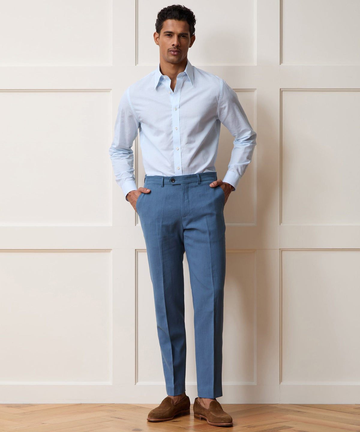 Todd Snyder Italian Cotton-Linen Long Point Collar Dress Shirt - Blue