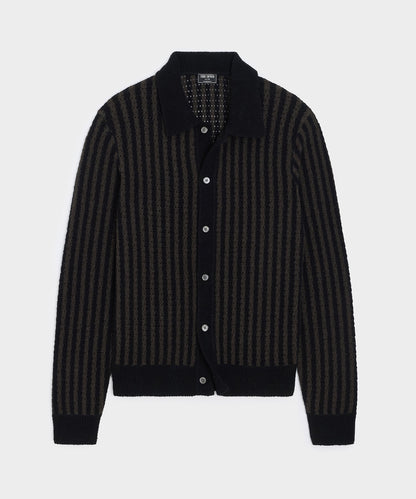 Todd Snyder Striped Boucle Sweater Polo - Dark Mocha