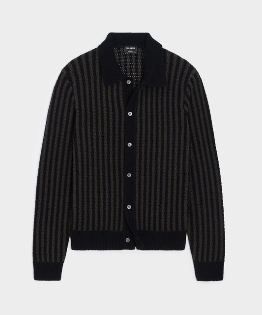 Todd Snyder Striped Boucle Sweater Polo - Dark Mocha