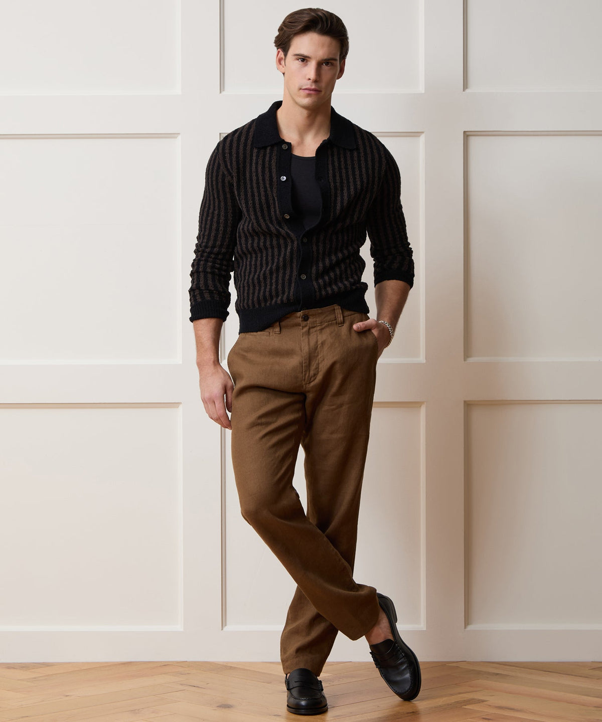 Todd Snyder Striped Boucle Sweater Polo - Dark Mocha