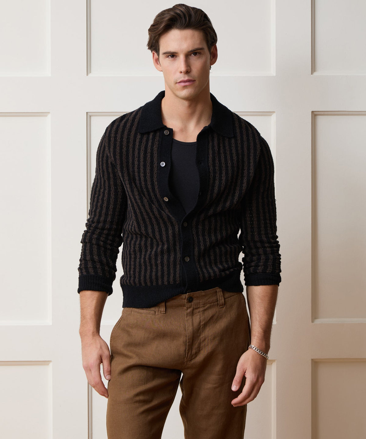 Todd Snyder Striped Boucle Sweater Polo - Dark Mocha