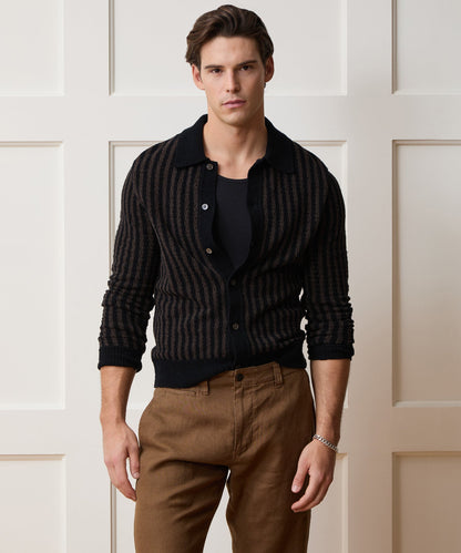 Todd Snyder Striped Boucle Sweater Polo - Dark Mocha