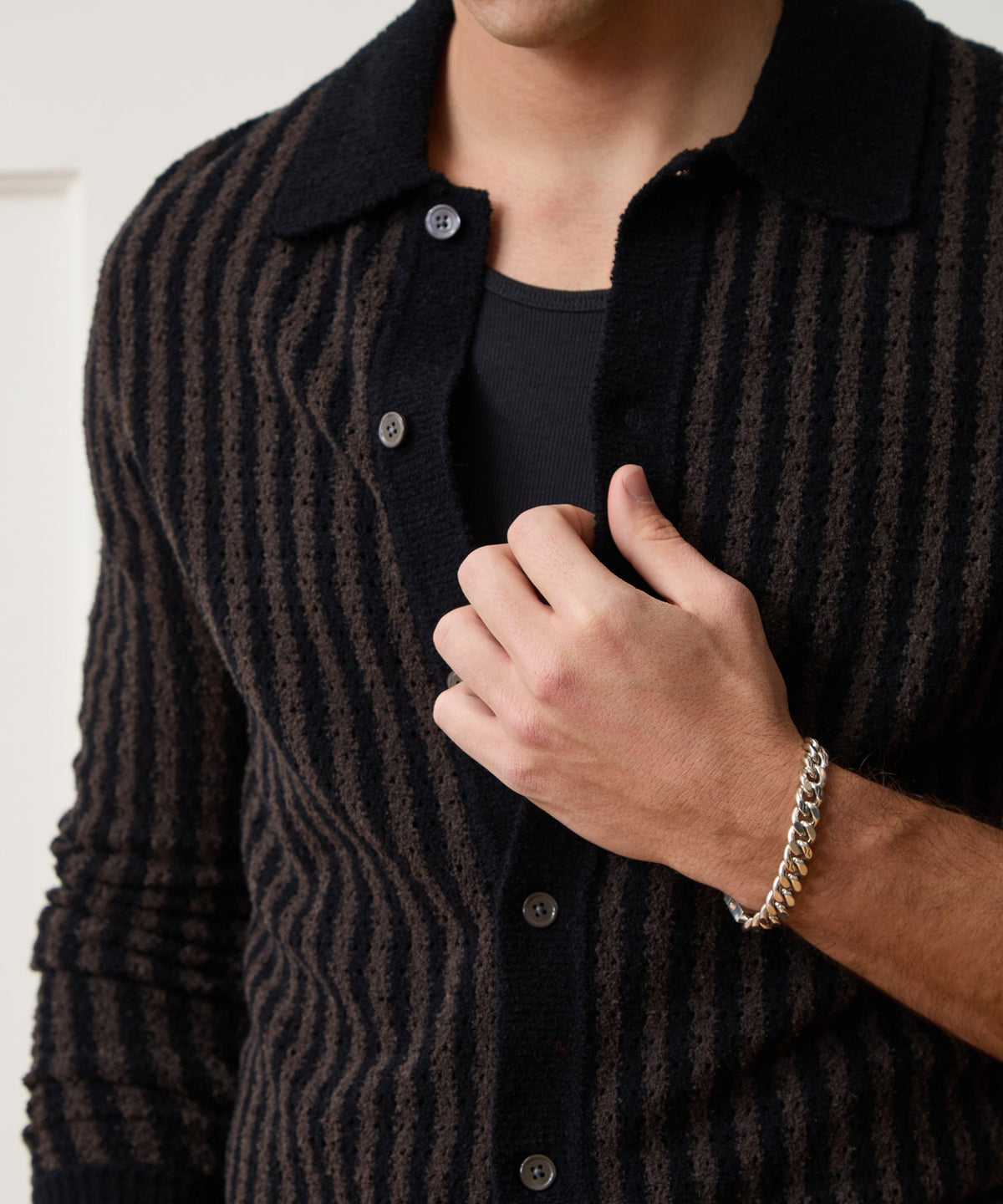 Todd Snyder Striped Boucle Sweater Polo - Dark Mocha