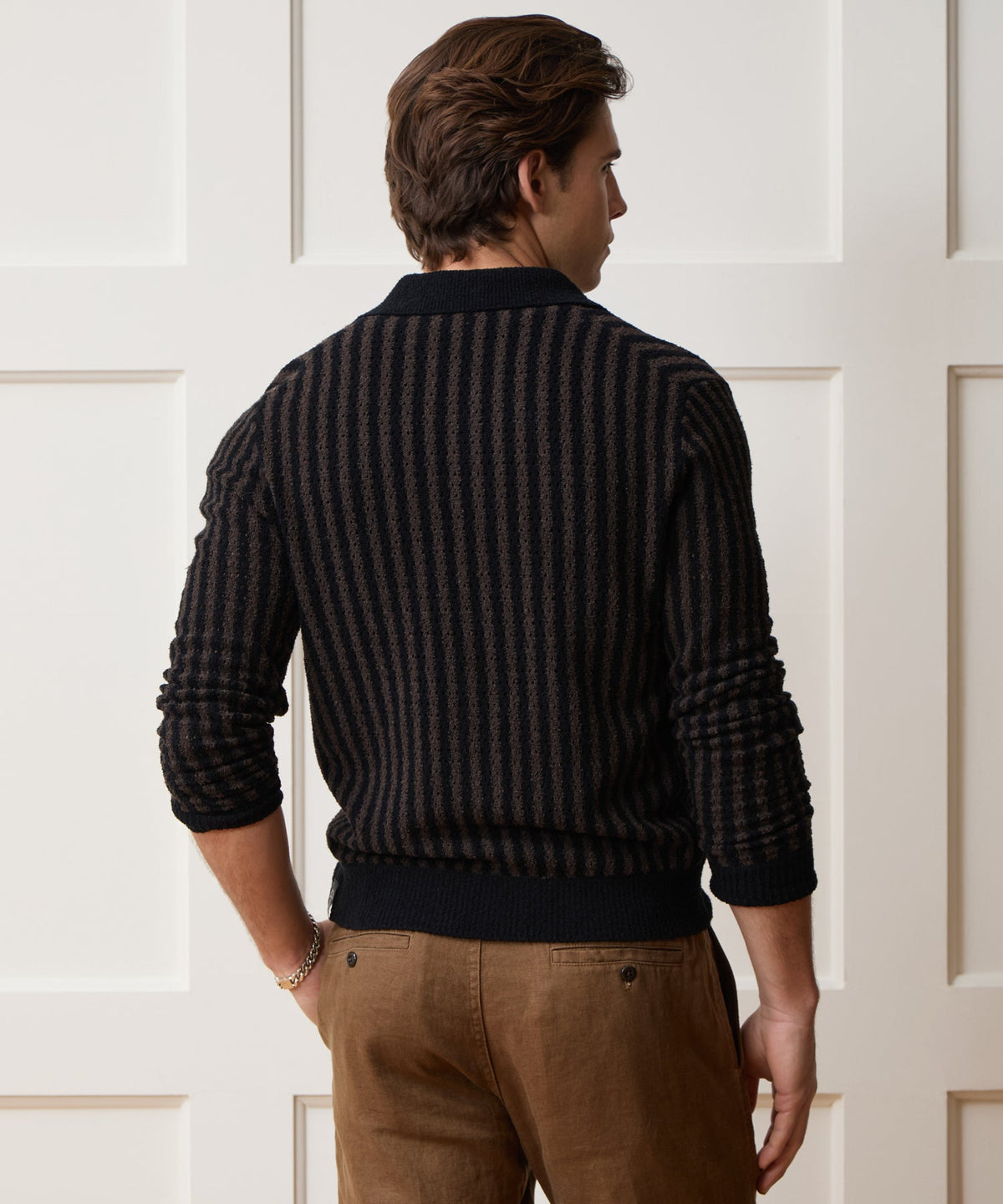 Todd Snyder Striped Boucle Sweater Polo - Dark Mocha