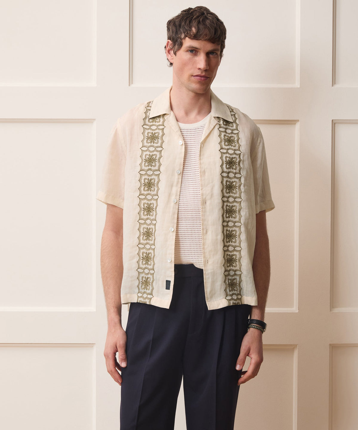 Todd Snyder Embroidered Voile Capri Shirt - Beige