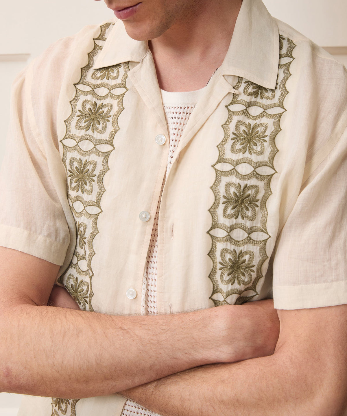 Todd Snyder Embroidered Voile Capri Shirt - Beige