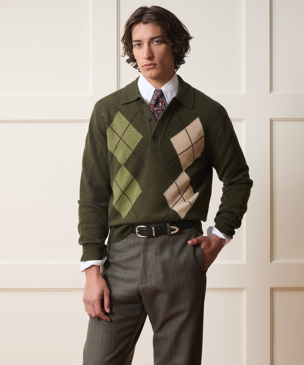 Todd Snyder Argyle Sweater Polo - Olive