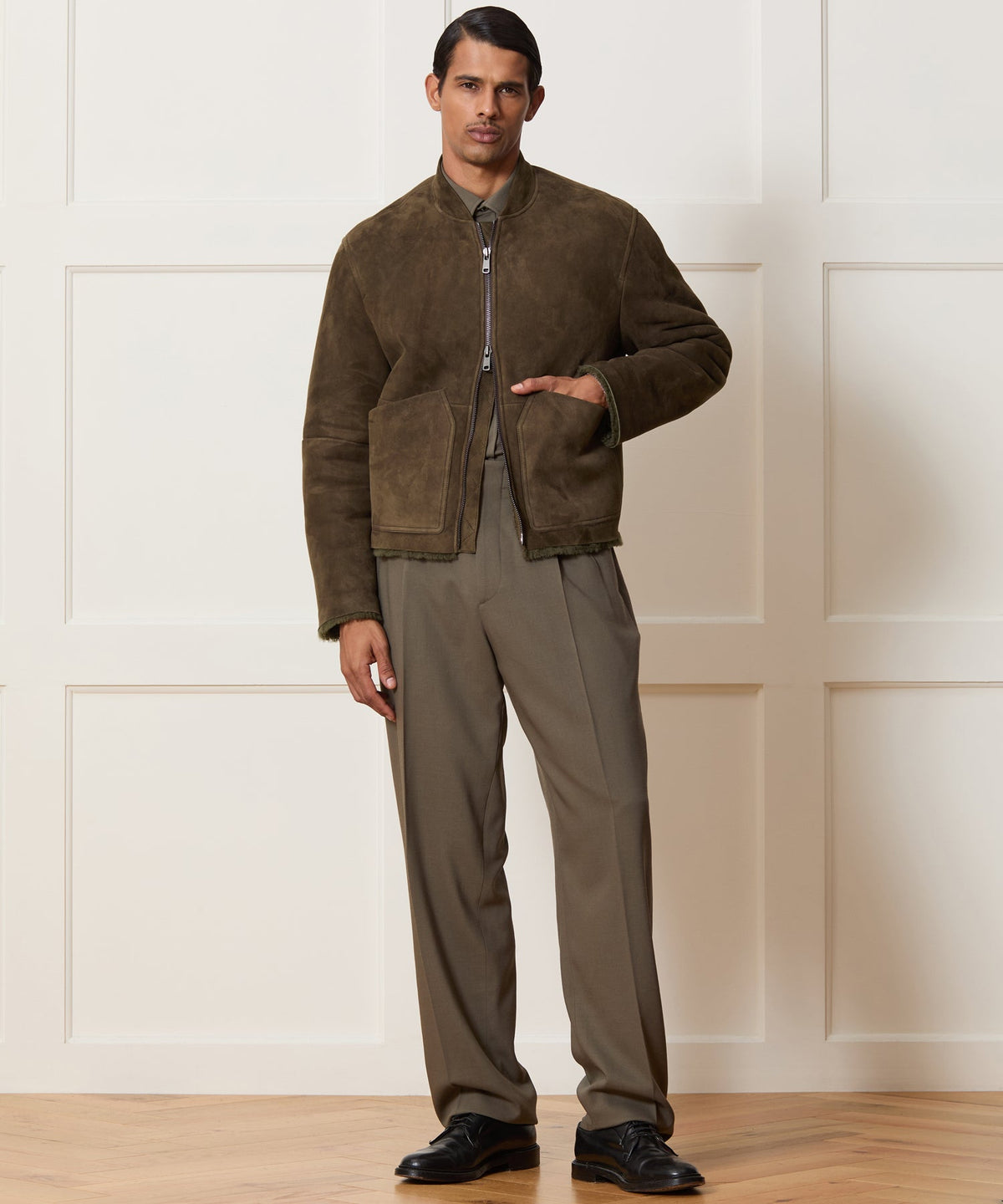 Todd Snyder Italian Shearling Aviator Jacket - Olive
