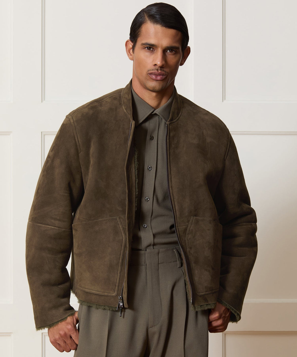 Todd Snyder Italian Shearling Aviator Jacket - Olive