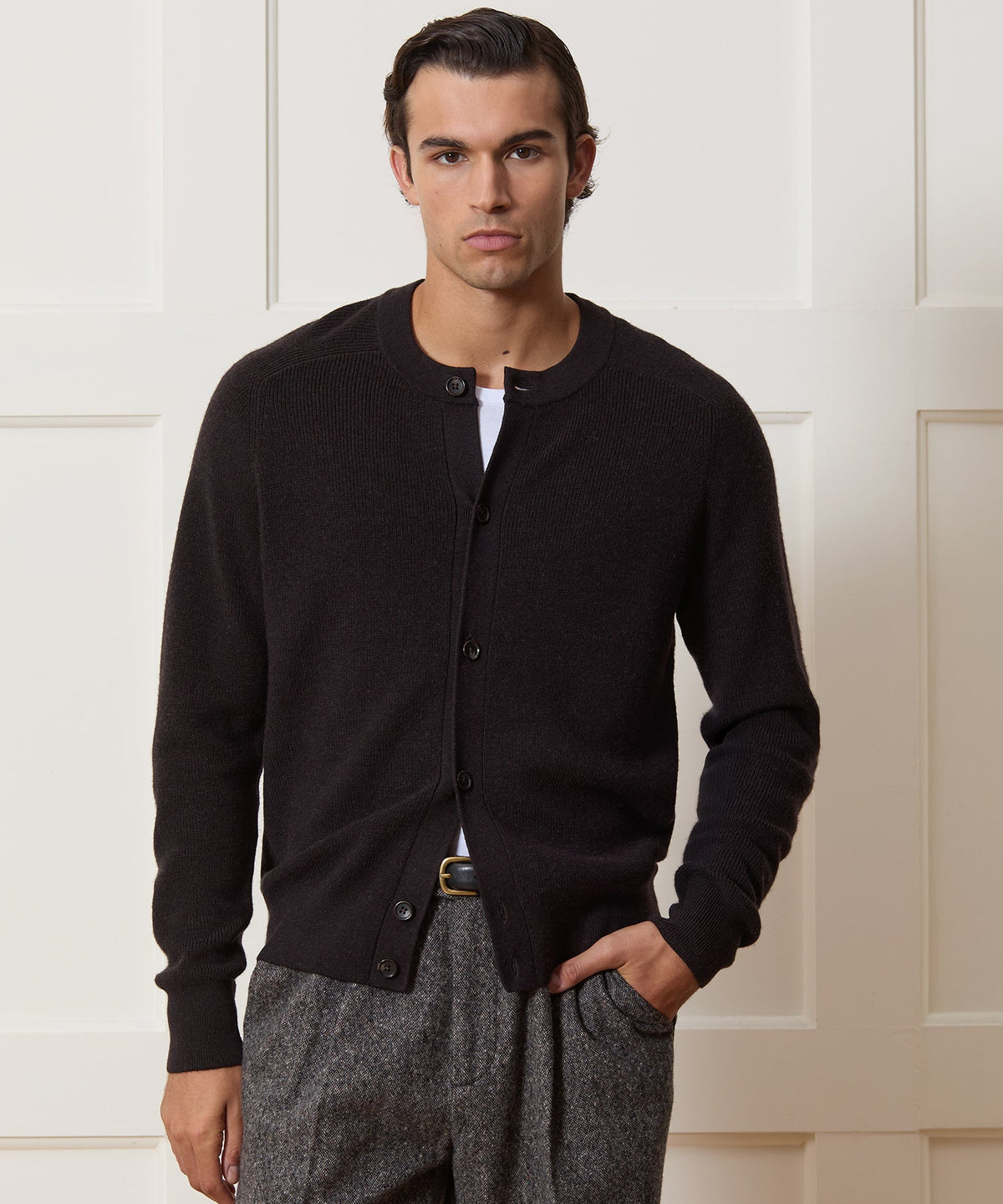 Todd Snyder Merino Crewneck Cardigan - Espresso Bean