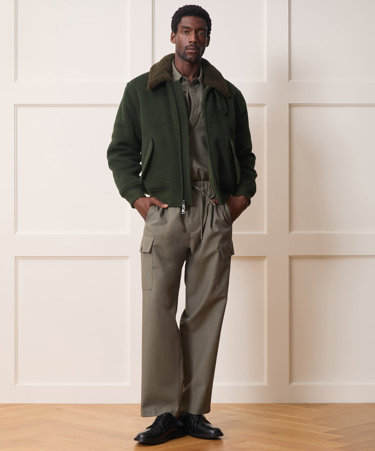 Todd Snyder Shearling Collar Wool Bomber Jacket - Olive