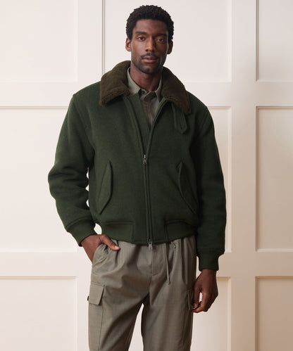 Todd Snyder Shearling Collar Wool Bomber Jacket - Olive