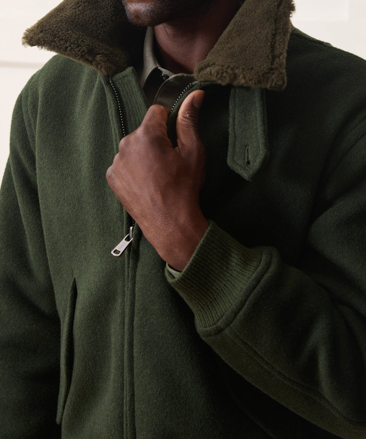 Todd Snyder Shearling Collar Wool Bomber Jacket - Olive