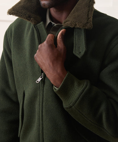 Todd Snyder Shearling Collar Wool Bomber Jacket - Olive
