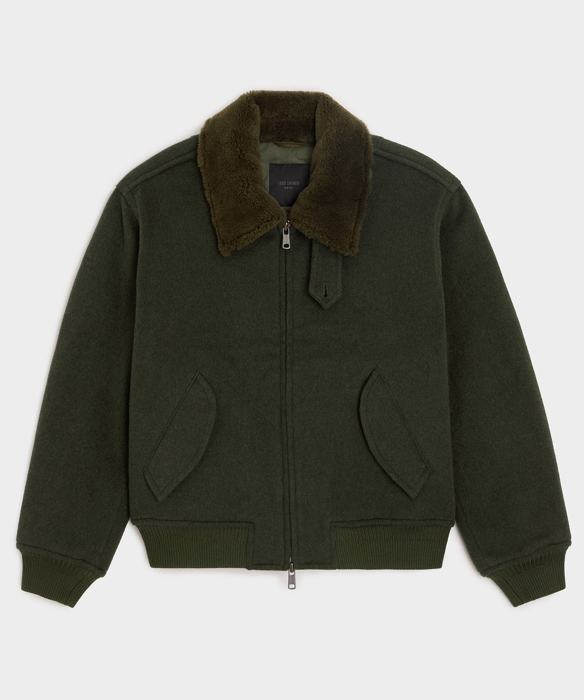 Todd Snyder Shearling Collar Wool Bomber Jacket - Olive