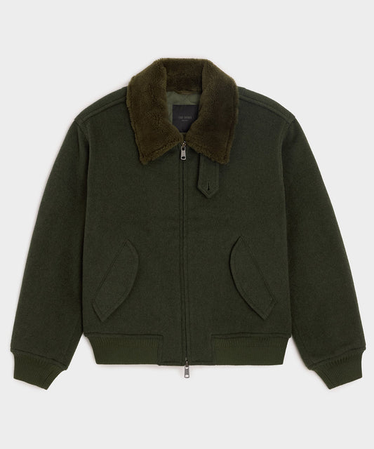 Todd Snyder Shearling Collar Wool Bomber Jacket - Olive