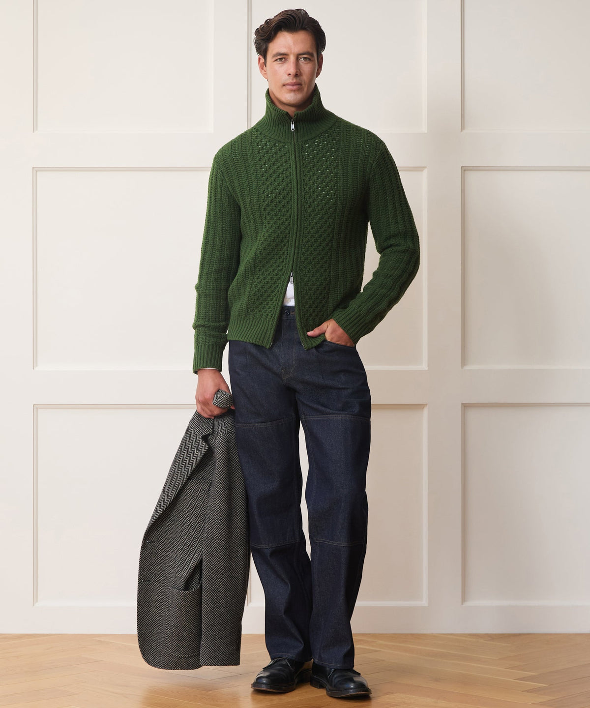 Todd Snyder Lattice Mockneck Sweater Jacket - Forest Green