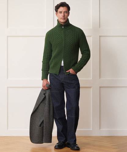 Todd Snyder Lattice Mockneck Sweater Jacket - Forest Green