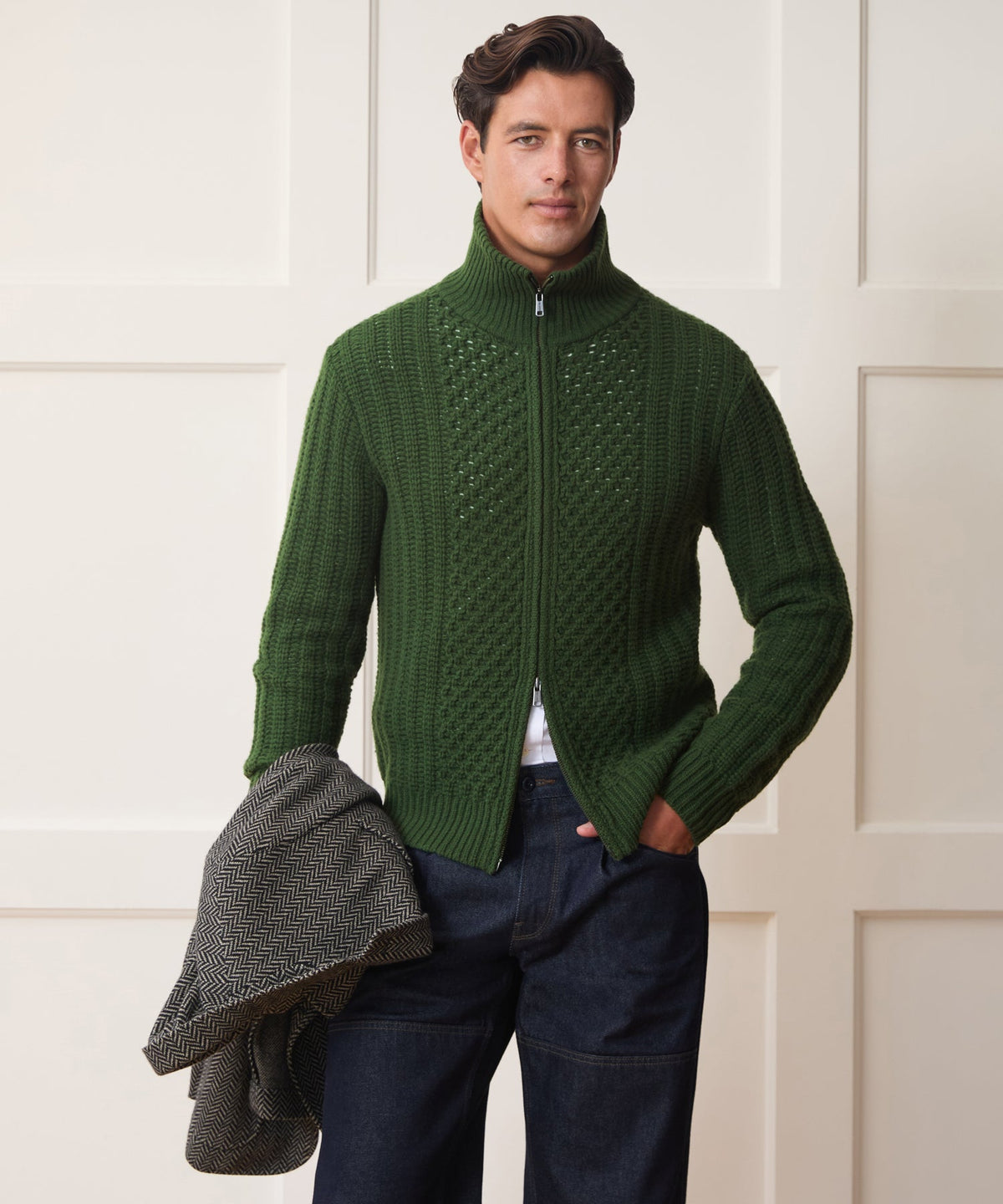 Todd Snyder Lattice Mockneck Sweater Jacket - Forest Green