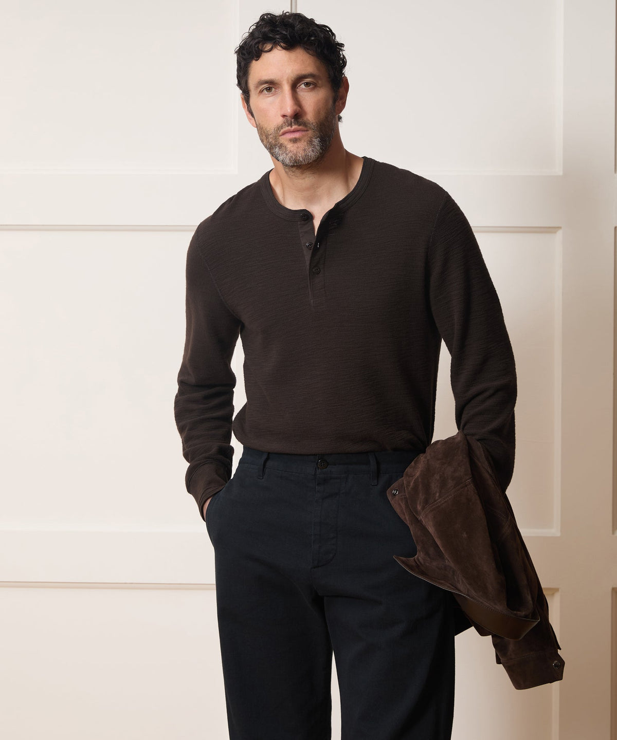 Todd Snyder Lightweight Mini Waffle Henley - Espresso Bean