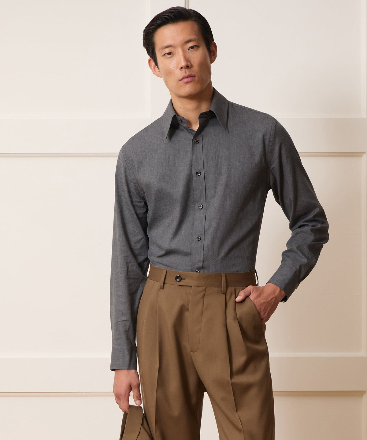 Todd Snyder Italian Featherweight Flannel Long Point Collar Dress Shirt - Charcoal