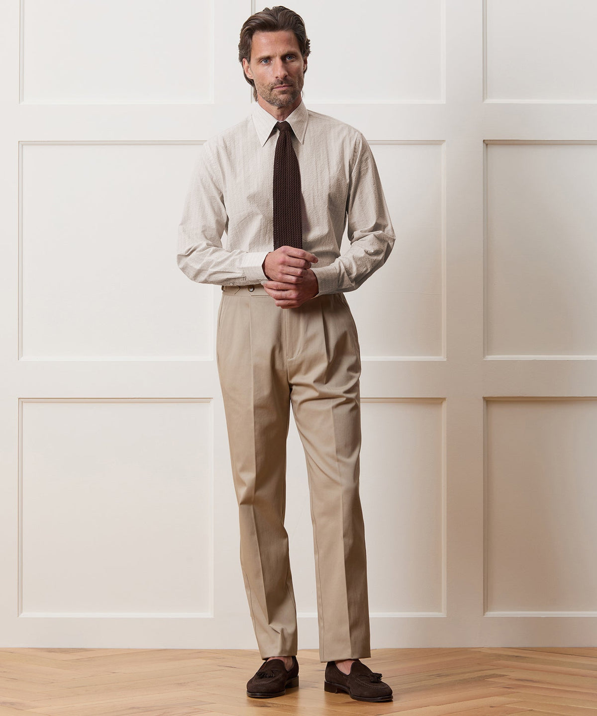Todd Snyder Seersucker Long Point Collar Dress Shirt - Beige