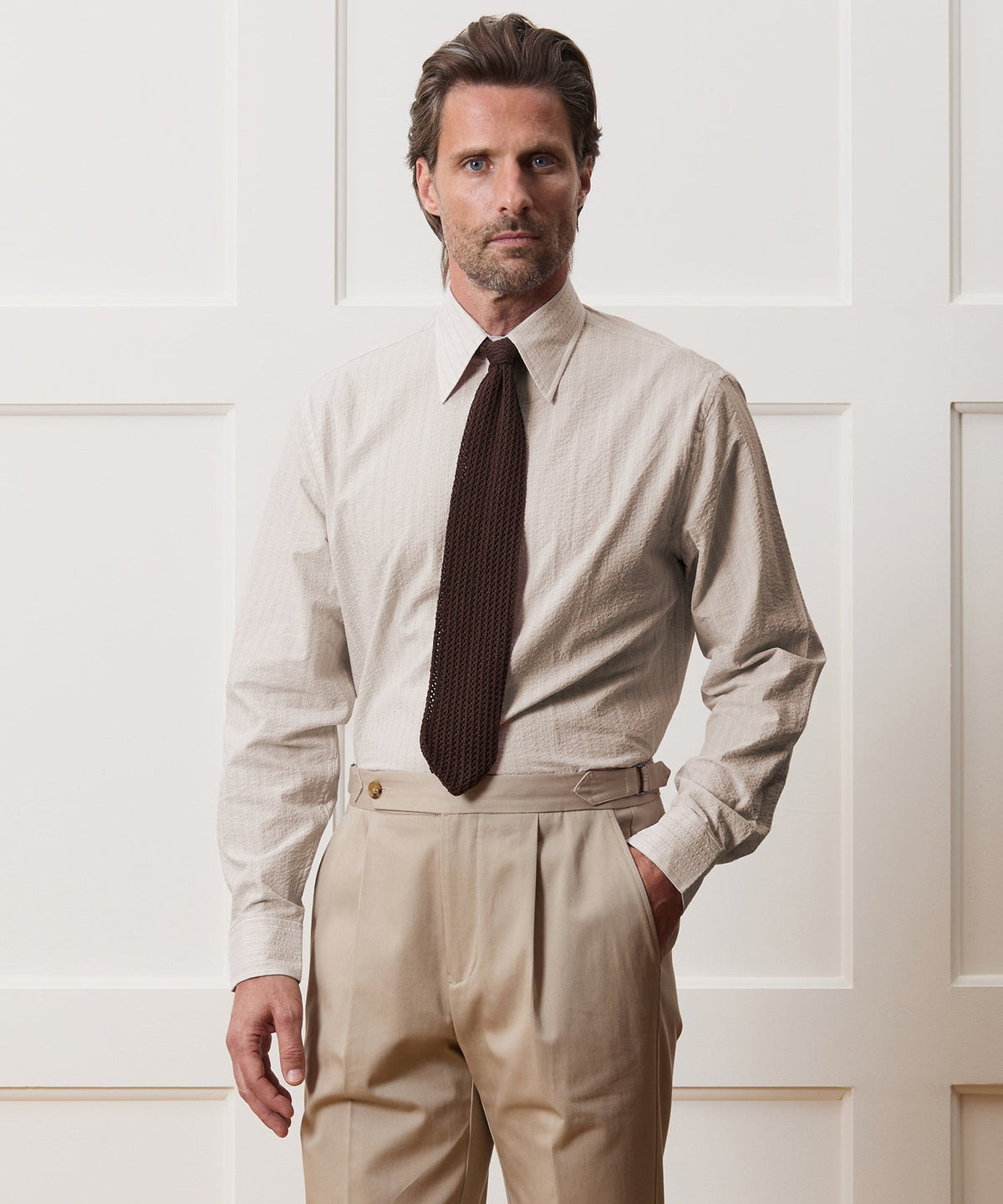 Todd Snyder Seersucker Long Point Collar Dress Shirt - Beige