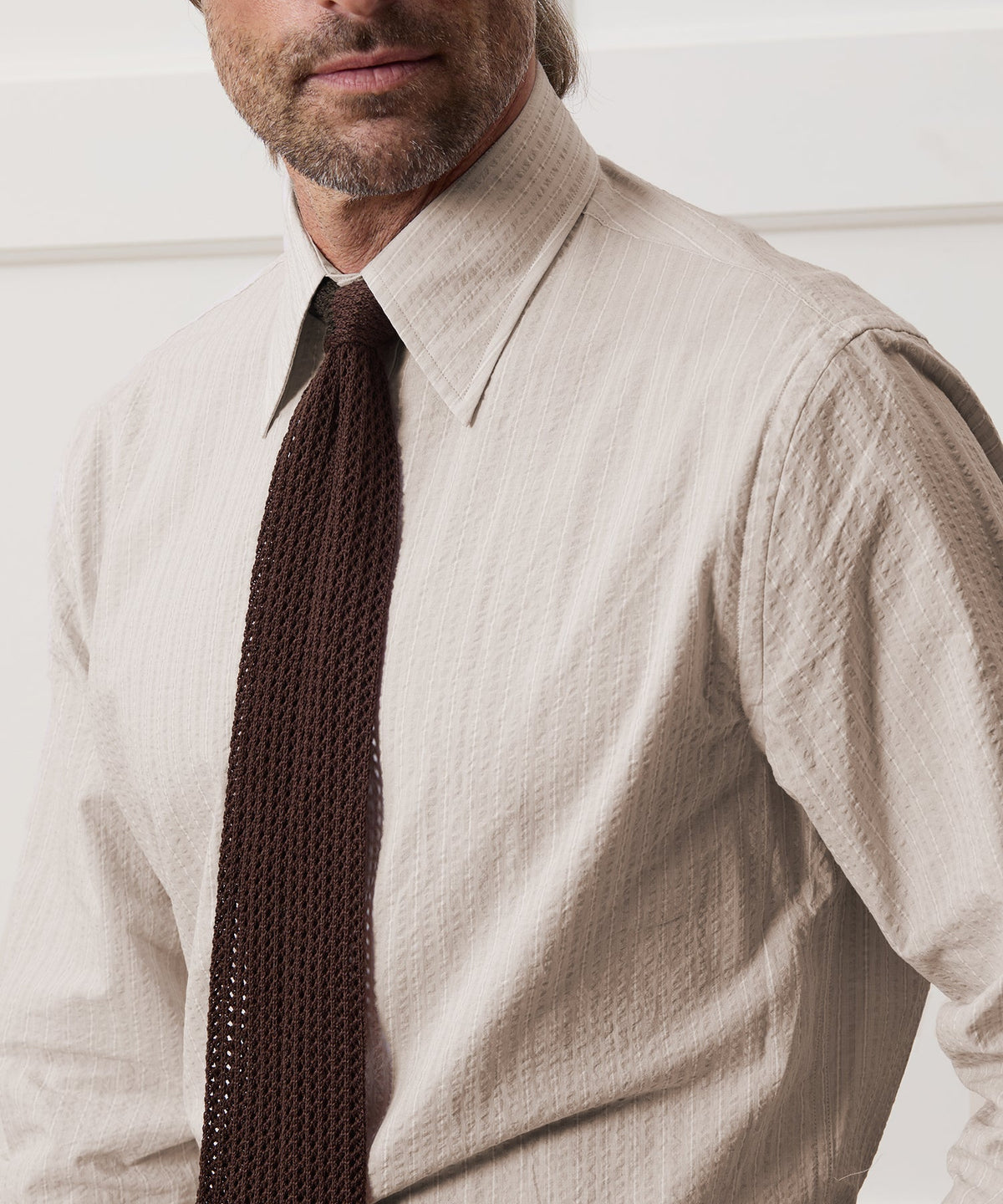 Todd Snyder Seersucker Long Point Collar Dress Shirt - Beige
