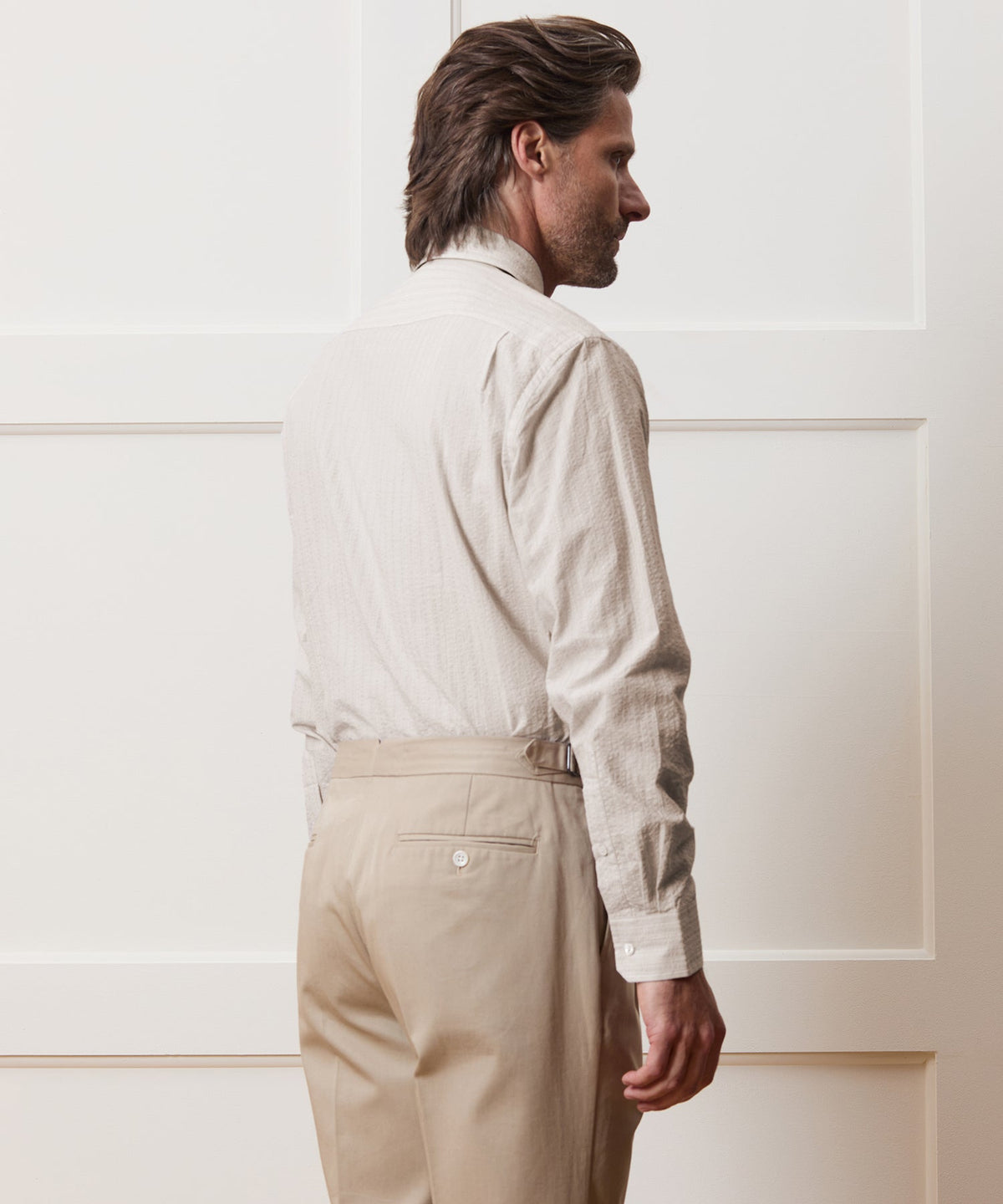 Todd Snyder Seersucker Long Point Collar Dress Shirt - Beige