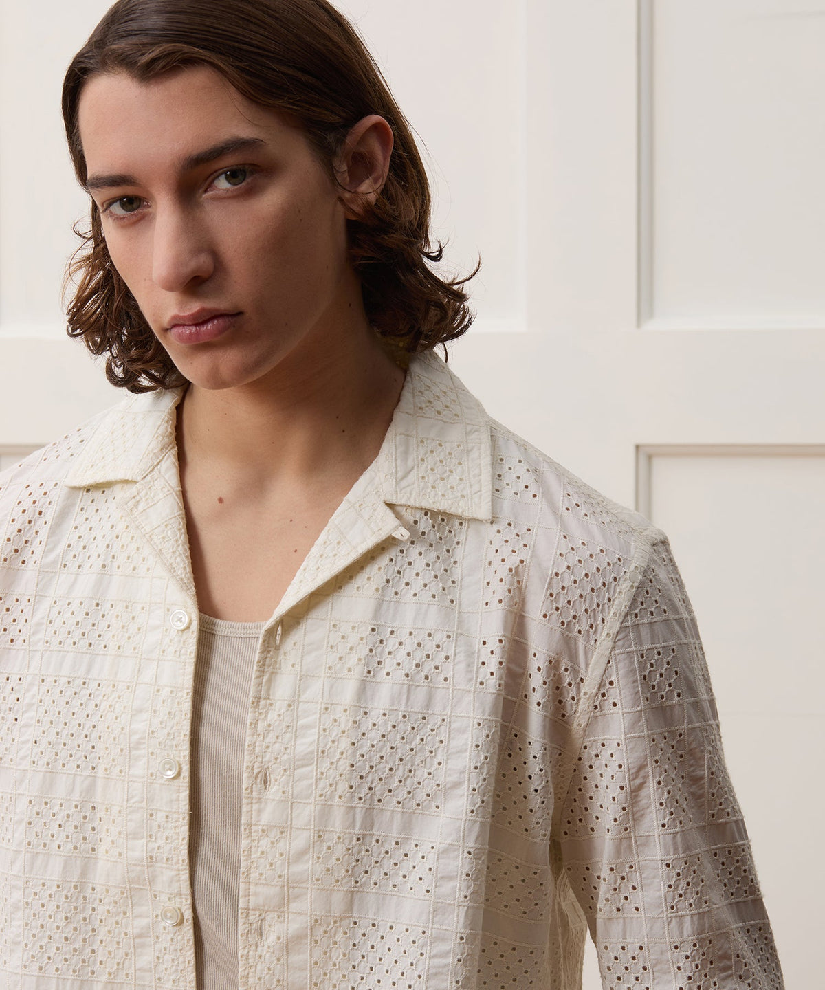 Todd Snyder Cropped Embroidered Eyelet Camp Collar Shirt - Cream