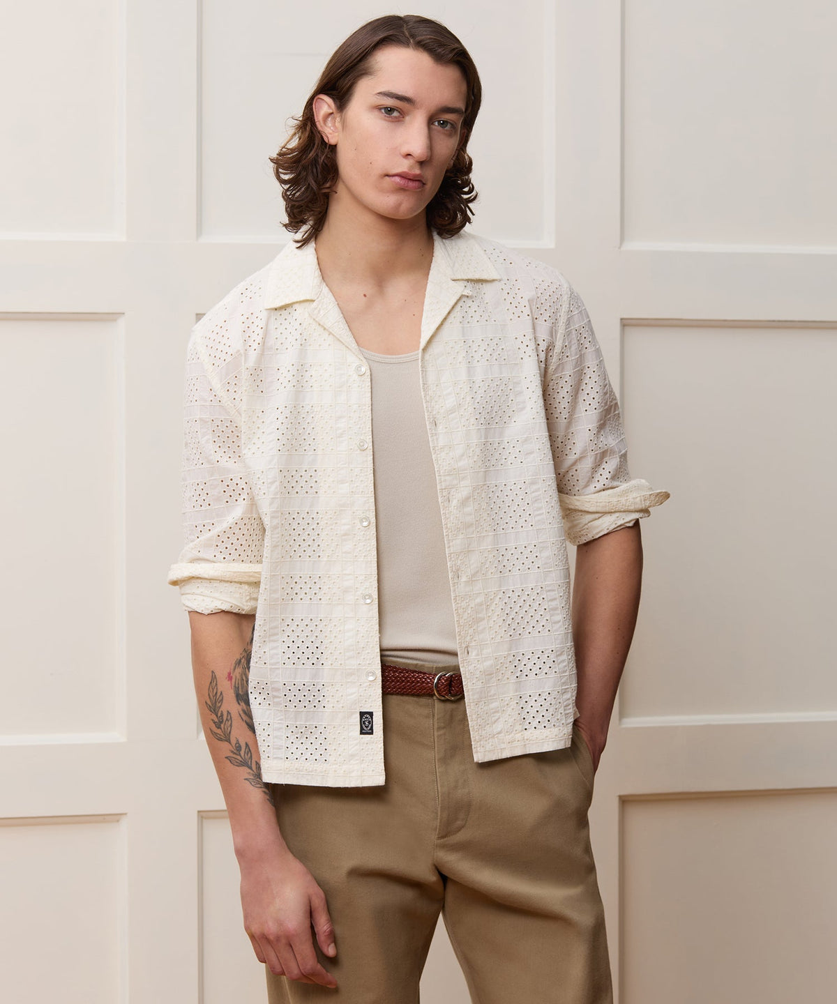 Todd Snyder Cropped Embroidered Eyelet Camp Collar Shirt - Cream