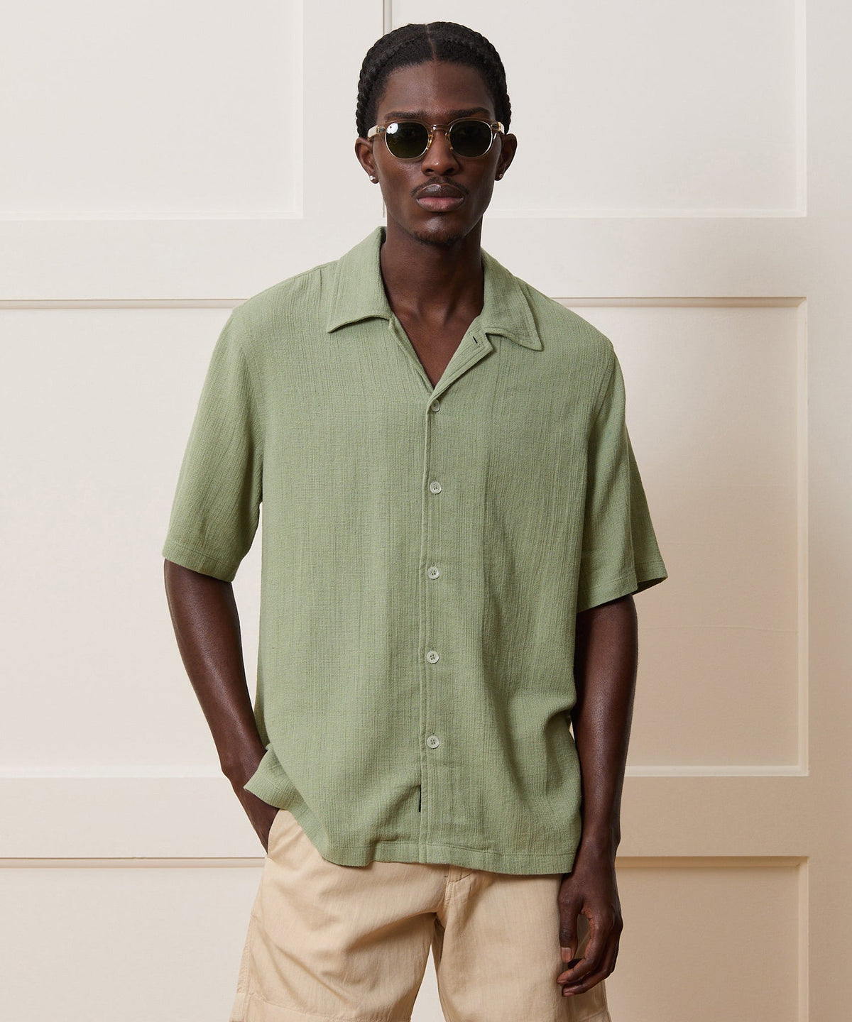 Todd Snyder Relaxed Basketweave Camp Collar Shirt - Sage